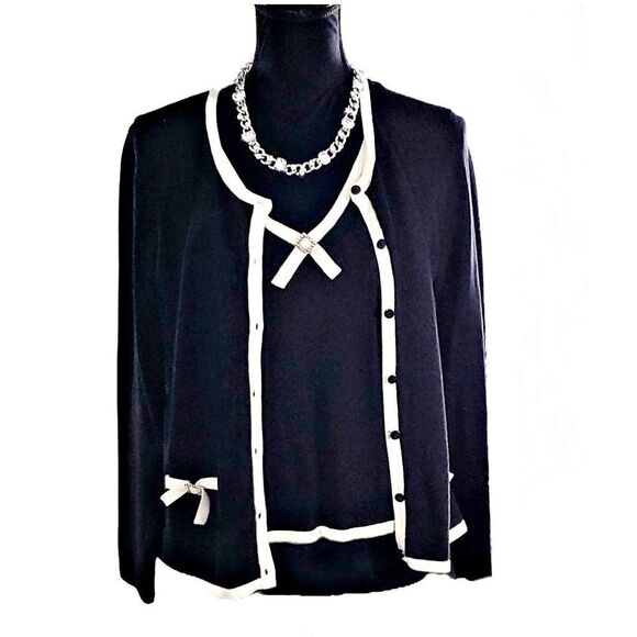 Requirements Petite Black White Rhinestone Layered Look Cardigan Size PL - Picture 2 of 9